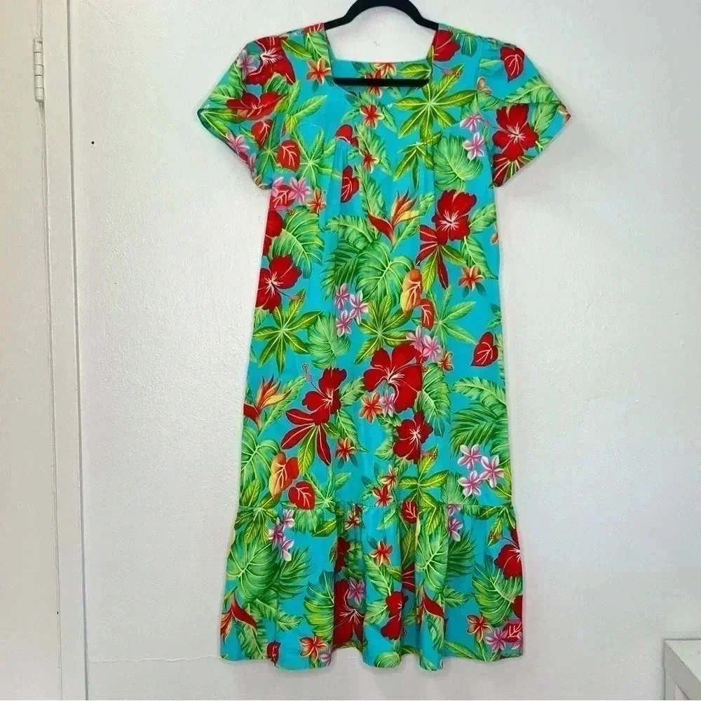 Wave Shoppe Mid-Calf Turquoise‎ Floral Kaftan Dress Sz M